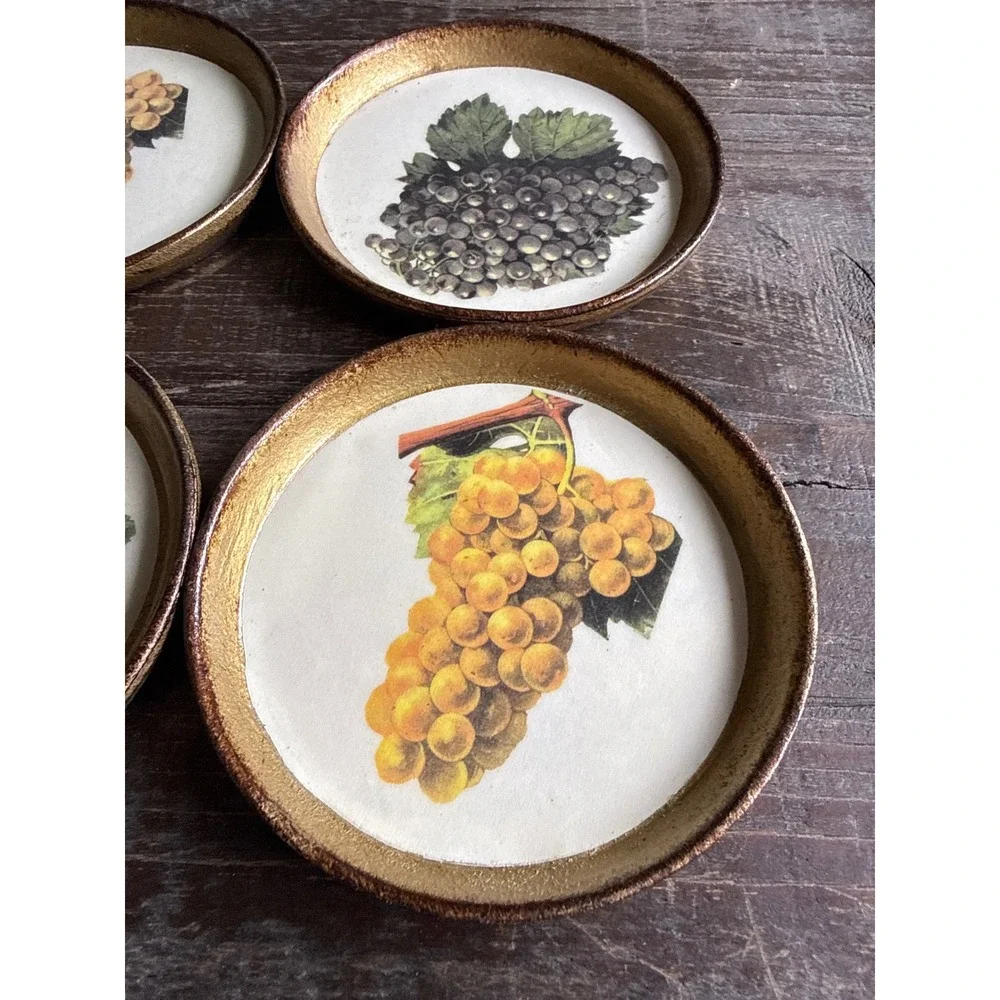 Horchow Italian Florentine Gilt Wood Grape Coasters Set of 6 Made in‎ Italy